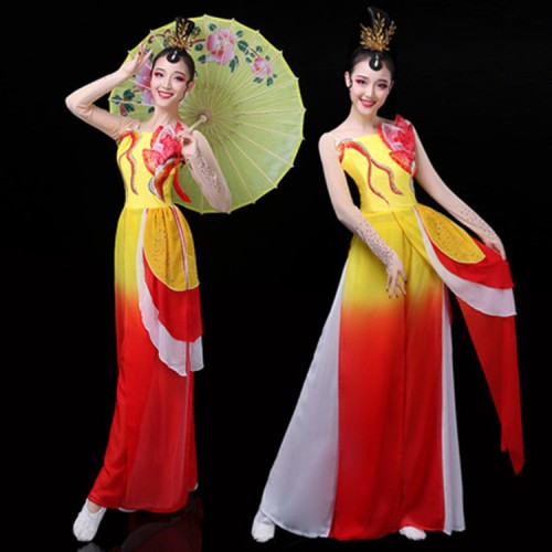Women's red with yellow traditional classical chinese folk dance costumes yangko umbrella stage performance dresses